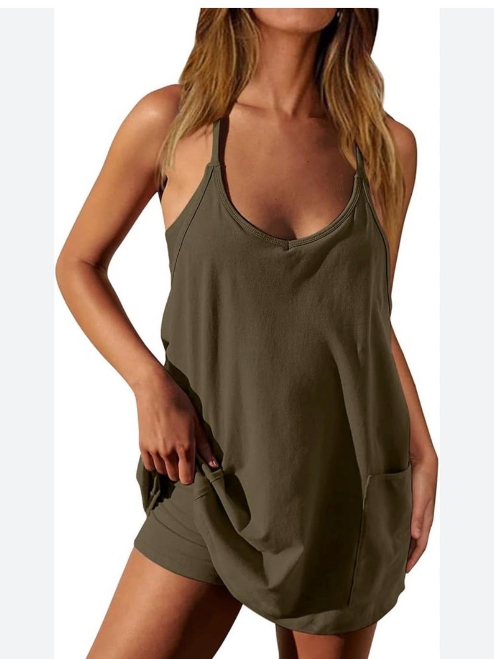 Olive green, Super Stretchy Romper, w/ tee straps, and pockets, Size Large